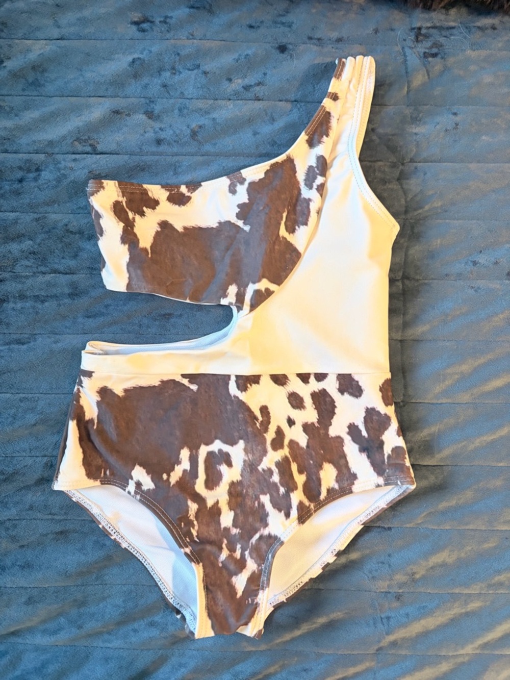One-Shoulder Cutout Cow Print Swimsuit - White & Brown.  Girls XXL